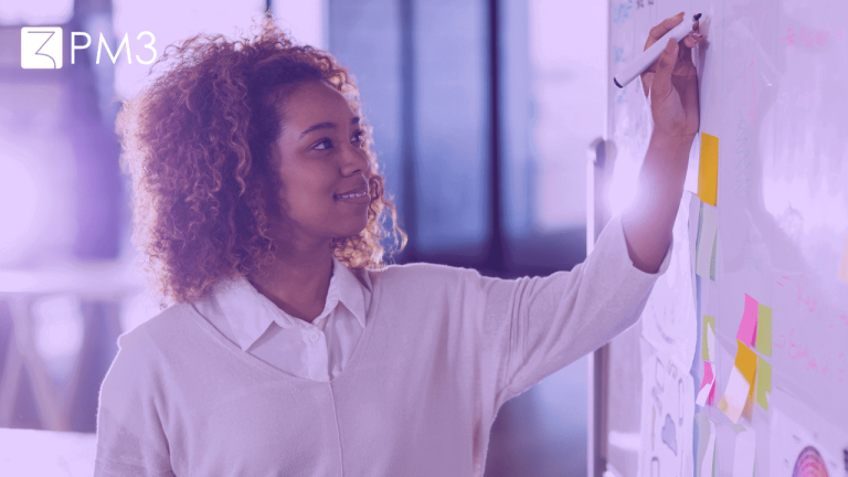 A imagem mostra uma mulher escrevendo em um quadro branco, utilizando o princípio INVEST para escrever histórias de usuário