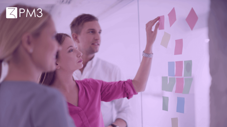 A imagem mostra duas mulheres e um homem analisando um quadro que contém post-its coloridos. A imagem sugere que eles estão a