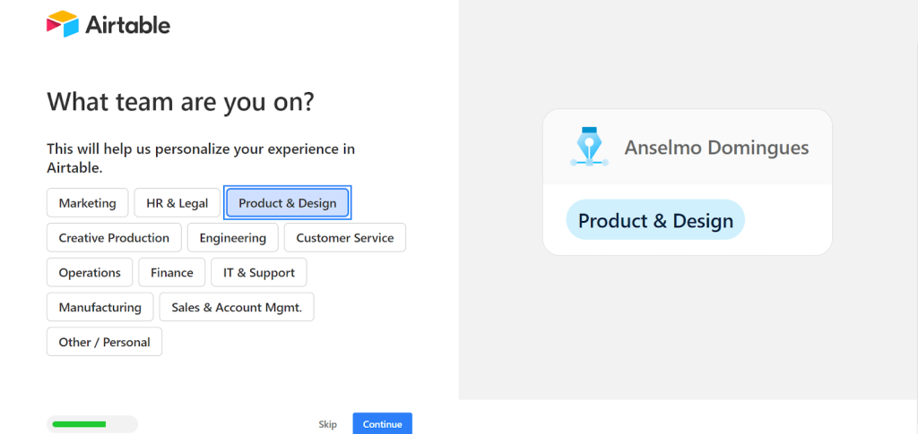 etapa de personalização no onboarding de novos usuários da Airtable