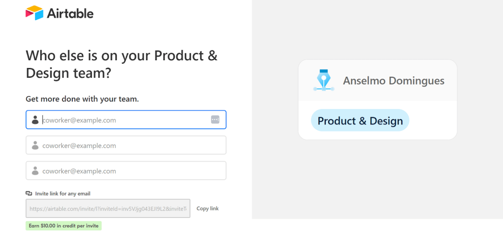 incentivo de compartilhamento no onboarding de novos usuários da Airtable