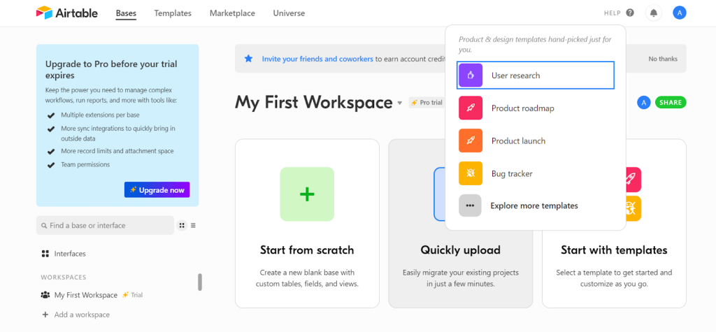 opções de templates no onboarding de novos usuários da Airtable