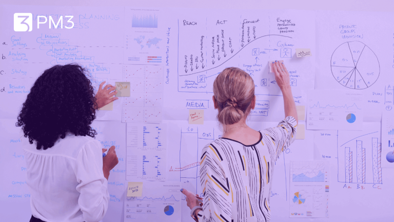 A imagem mostra duas mulheres escrevendo em um quadro cheio de anotações, estruturando um Plano de Marketing.