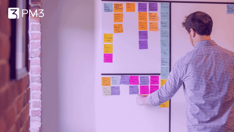 Homem colando post-its em quadro e aplicando Continuous Discovery Habits