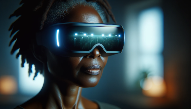 metaverso-dall-ePhoto of a middle-aged African woman donning sleek metaverse goggles. The background is blurred, emphasizing 